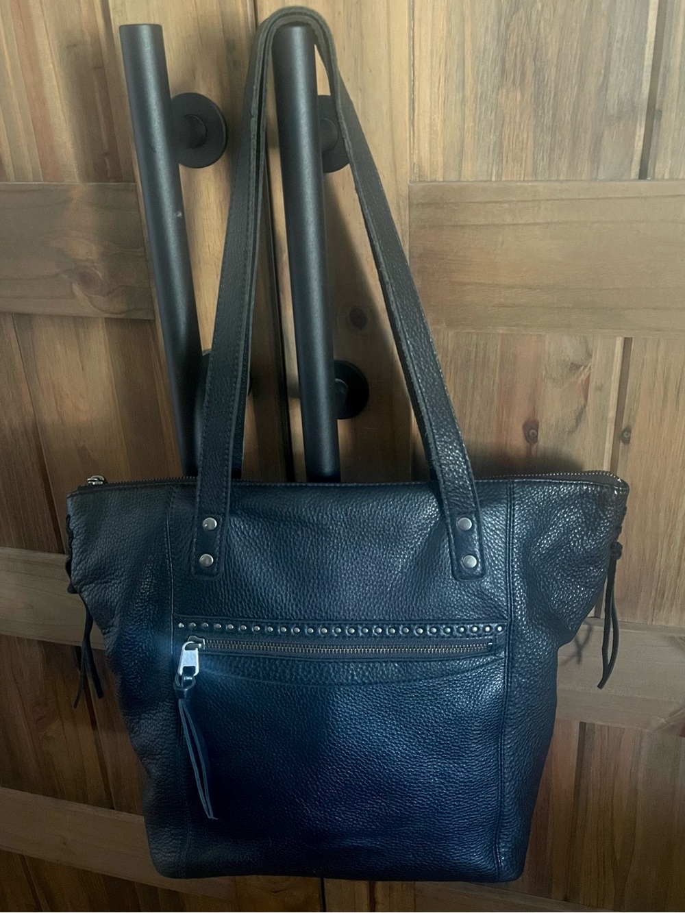 The Sak Marino Tote Bag Black Soft Pebbled Leather Silver Stud Accents 15x12x4